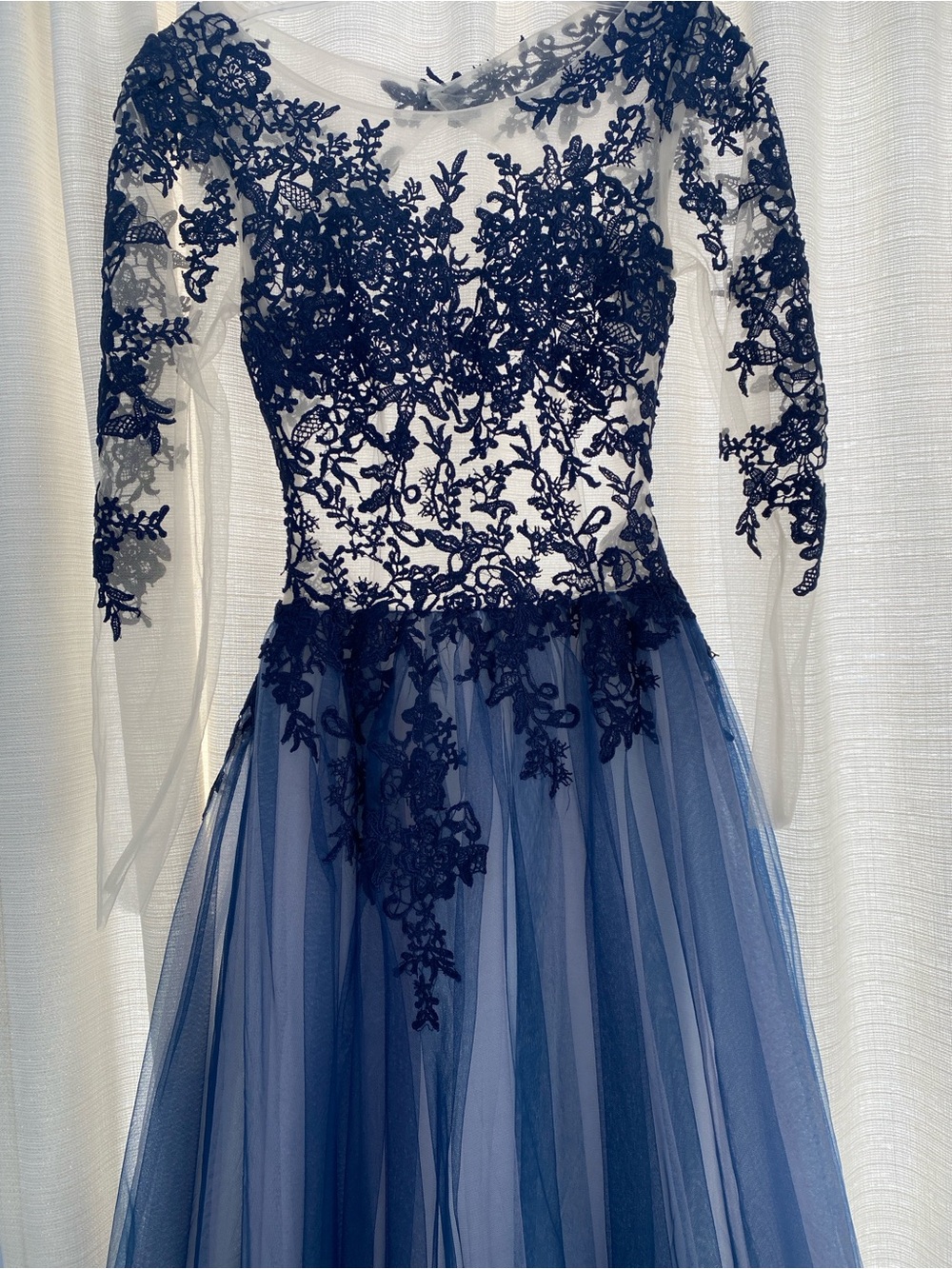 Navy Lace Appliqué Tulle Evening Dress